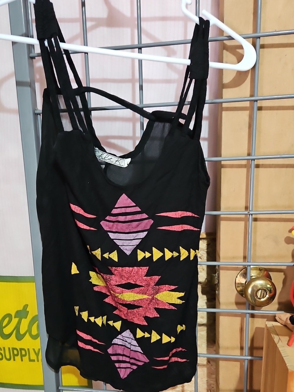 Chloe K Black Tank with Pink Yellow and Lavender Geometric Print